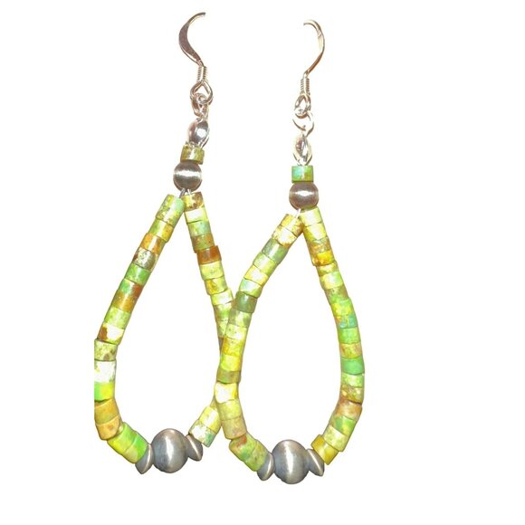 Handmade Navajo Earrings with Turquoise Heishi Beads & Silver Navajo Pendant - Picture 2 of 6